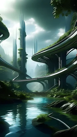 sci fi planet, jungle metropolis, water, zaha hadid