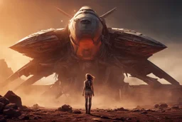 Beautiful girl with rainbow eyes, tribal warrior, strong, resilient, defiant, full body, with family of 5 beside her, defending, Masterpiece, best quality, cinematic lighting, futuristic, standing in front of crashed spaceship, tough stance.