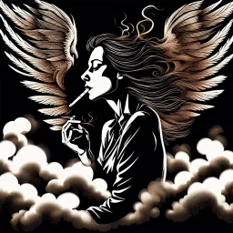 woman sitting forward Her face upward and blows cigarette smoke from their mouth upward. a figure with wings emerging from its back. behind the clouds of smoke look death. dark and mysterious