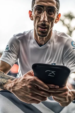 Di Maria argentina player , Shot with Canon EOS R5, 50mm lens, depth of field, shutter speed 1/1000, f/2.8, white balance, 6000k. High resolution, realistic detail, HDR effect, film grain, 4K –ar 16:10 –s 700 –q