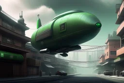 small, sleek, cargo spaceship, looking like the flying sub, landing on an alien street