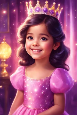 Digital painting of a beautiful little girl in a gorgeous pink dress, front view, Agnes face, smile, shiny crown, dark hair, glowing eyes, cute face, adorable cute girl, cozy room in purple and yellow in the background, sparkles, Disney art, digital painting style, high quality, 4k