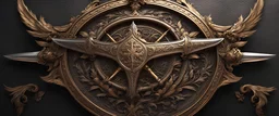 epic heraldic emblem two swords crossing a metallic ancient shield bronze carved and meticulous craftwork, fine detail, ultra detailed, intricate, hyper detailed, epic composition, octane render, cinematic lighting, hd, 4k, masterpiece, 8k, depth of field, extremely detailed, centered, sharp focus, symmetrical, in-frame,