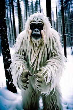 close up documentary photography,Real Yeti in a forest, National Geographic, weird, Dystopian, Japanese, Extreme depth of field, bokeh blur, winter, blizzard, Alberta, all-natural, in the style of candid, imperfection, natural lighting, light-focused, Professional shot, shot on Agfa, Fuji Film, Anamorphic lens, 1980s, taken with Hasselblad --ar 4:5 --w 150 --style raw