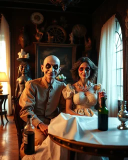 Persons flash photo, 1980 horror movieshot, sitting on a chair, table, bottle, eaging, dine, odd objects in background, persone con sorriso falso e occhi grandi, tenebroso, macabro, interno museo, fiotti di liquido nero che zampillano, hypermaximalist, Hieronymus Bosch style, strangeness, sundial light, intricate, albero, hypnotic, very accentuated details of the dress and skin, eerily mysterious, artistic photo, shot on Hasselblad, sadness, follia