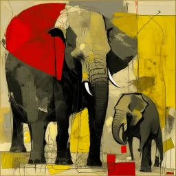 Deconstructed elephants, by Graham Sutherland and VS Gaitonde, surreal abstract image, fragmented, subconscious, yellow and black and gray and red color scheme,