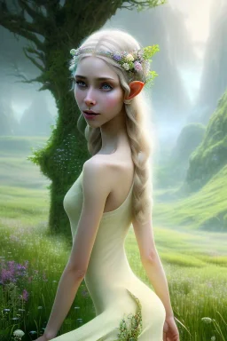 elven young woman, wearing light dress, happy expression, visible ultradetailed armonious cute femine face, visible and ultradetailed body, luminous weather, field in the mountains, ultra realistic, concept art, intricate details, highly detailed, photorealistic, octane render, 8 k, unreal engine, art by artgerm and greg rutkowski and charlie bowater and magali villeneuve and alphonse mucha