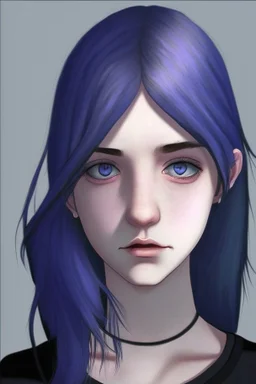 Realistic female teenager with pale skin, big grey eyes, blue and purple shoulder length hair, angular facial features, round face, prominent collarbones, black clothing