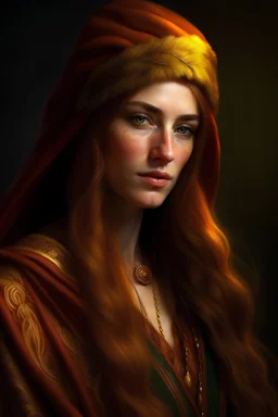 a woman in her twentise, long copper hair, fur hat, in a maroon robe, beautiful lean face, slanted yellow eyes, realistic epic fantasy style