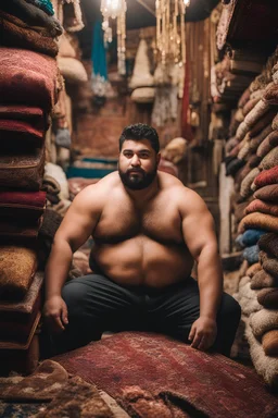 close up photography of a burly chubby muscular strong 23-year-old turkish man in Istanbul bazaar, shirtless, short beard, selling carpets sitting on a pile of carpets, big shoulders, manly chest, very hairy, side light, view from the ground