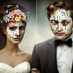 DIY collage of bride and groom's face, mix and match puzzle, jigsaw, fine detail, highly intricate, wearing bridal veil, modern surrealism painting, high-quality, volumetric lighting, 8k, ultrahd, George Grie, Marco Escobedo, Igor Morski