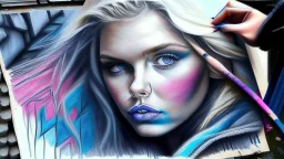 street artist draws a portrait of a blonde woman, charcoal, pencil, pink lips, blue eyes, fine drawing, hand with a brush