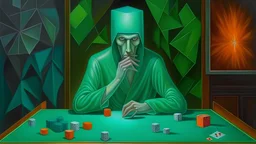 the cube-headed poker player at the green table surreal by peter mitchev, hyperrealistic