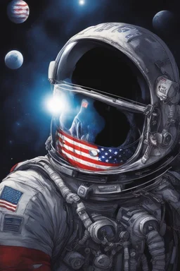 A close up of a skeleton face looking shocked, in an astronaut helmet and suit floating in space. inside the hollow eyes are red shining lights, scary. On his suit is an American flag and in his one hand is a small wavering American flag, on it is written "boned in the USA". From the back of his suit is blowing out blue, white and red smoke. Realistic, 8k, highly detailed, funny