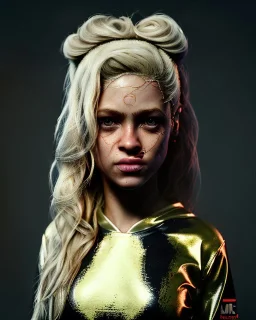 portrait, Shakira, blonde artist, angry, Realistic image, MMA robe, hoodie, mma gloves, fight pose, make-up make-up, gold line make-up, sweat, fog, goddess style, Neon colors, leds. Black background, photo studio, concept art, smooth, unreal engine 5, god lights, ray tracing, RTX, lumen lighting, ultra detail, volumetric lighting, 3d, finely drawn, high definition, 4k.