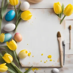 Colorful easter eggs, paint palette, brushes and yellow tulips on white wooden table. Top view with copy space