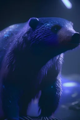 beaver grizzly bear mink anteater vicuna mynah bird,4k, moody cinematic lighting, realistic, highly detailed, blade runner style, blue and purple, highly detailed, conceptual art, volumetric, octane render, unreal engine,