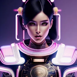 pilar rubio, Cyborg samurai, cyberpunk, white skin, light black hair, geisha hairstyle, cobalt eyes, waist up portrait, 8k resolution, retroanime, intricate details, neon details, soft lighting, vibrant colors, masterpiece, intricate eyeliner, dark eyeshadow, eyes, intricate tattoos, gradient background