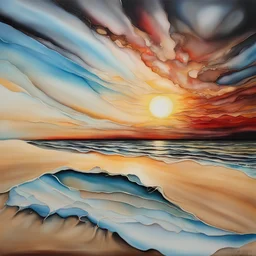 Alcohol ink art with thin black and gold lines at boundaries. Hyper realism, Fantasy, Surrealism, HD, Detailed. Centered. Shades of white, gold, red, and light blue. A beach with fine sand. Very large sun rise on horizon. Reflection. Waves splashing. Seashell. The sky filled with the morning colors of sunrise.