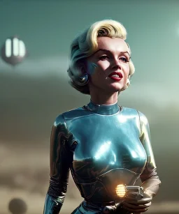 Ultra Realistic retro sci-fi 1960 scene, waist up view portrait, blonde woman, sweet young Marilyn Monroe face, perfect iris, tight latex coat, alien planet background, tight style, steel sphere dron levitating, fog, rain, soft color, highly detailed, unreal engine 5, ray tracing, RTX, lumen lighting, ultra detail, volumetric lighting, 3d, finely drawn, high definition, high resolution.