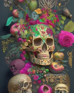 Mexican Skull Calavera, surrounded by poetic ornamental elements such as fruits, flowers, garlands of lights and native plants, colors Pink, Green, Gold and Black, 3D style, painting art, highly detailed, surrealist