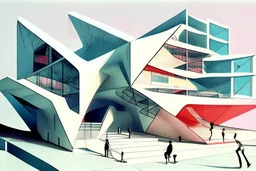 Architectural drawing of a Neofuturistic art museum, (((isometry))), ultra quality, people, treets