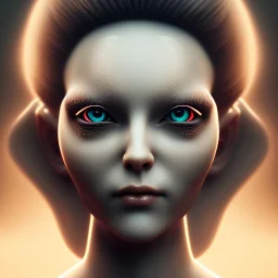 A lightly-tanned!!!!! mannequin-esque figure with white-glowing!!!!! eyes, in a dark!!!!! room, staring!!!!! into the camera, creepy atmosphere, eerie art style, photorealistic!!!!! facial features, close-up!!!!!, macro image!!!!!, trending on artstation, 4k, 8k