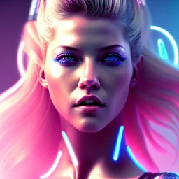 Katheryn Winnick, American shot, cyberpunk, gradient color, BLUE, PINK, CYAN, neon, insanely detailed, 16k resolution, perfect eyes, cinematic smooth, intricate detail