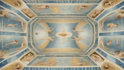 Superb symmetrical pictorial multicoloured mosaic floor, swimming pool, bathers, swimmers, water feature, walls with pictures of bathers and swimmers, symmetrical cathedral style high ceiling, relaxation, romance, luxury, dream world, calm beauty, perfect symmetry, fantasy world, magic, beautiful symmetrical composition, exquisite detail, 85mm lens, adjust perspective, chiaroscuro, night, darkness, dramatic lighting