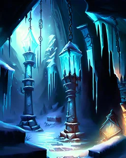 ice dungeon chamber with lamp posts fantasy rpg art painterly