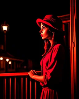 woman with a red baseball hat. leaning on a wooden balcony. night time. fantasy. medieval.