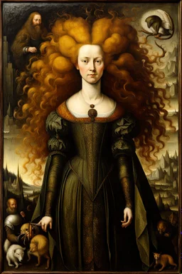 a Flemish Renaissance era full body oil painting of a dark, otherworldly, demonic temptress , highly detailed hair and facial features, in the style of Pieter Brueghel, Jan van Eyck, and Hieronymus Bosch, aged canvas, antique craquelure finish, archaic museum quality masterpiece, 4k