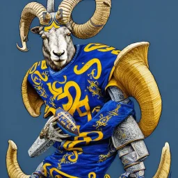 Book of Kells carpet page in blue and yellow colors, picture of a bighorn ram in armor and holding a football, a highly detailed illustration, realistic render, 8 k, micro detail, intricate, elegant, centered, digital painting, Artstation, smooth, sharp focus, illustration, artgerm