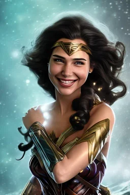 portrait Gal Gadot wonder woman smiling long hairs violet top Christmas in the snow and fire