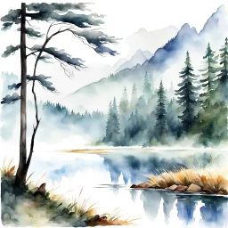 early morning on a secluded forest lake, wooded mountains shrouded in clouds, misty foggy mood, fine art watercolor painting