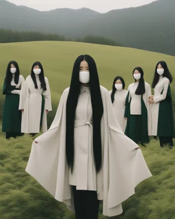 a group of no face women with mask standing on top of a lush green hillside, inspired by Ren Hang, design milk, long black hair, whites, wanderers traveling from afar, trending on artisation, cloning spell, coat pleats, in twin peaks, submarine, by Helen Thomas Dranga, symetry, round-cropped, noire photo