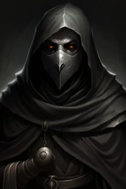 dungeons and dragons character portrait: man wearing old black robes over a dark silver breastplate and a white porcelain full-face-mask with two black eyeholes over his face. His black hood is drawn over his head