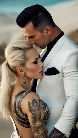 Jason david frank muscular male with short dark hair and tribal tattoos, wearing a designer suit, whispering in ear of young blonde woman, with short hair, wearing short white dress. hyper realistic