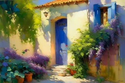 captivating and cinematic impressionist painting by Chen Chun, inspired by Pino Daeni's style, showcases a picturesque village scene. A charming, sunlit house with a potted plant adorned with vibrant, flowering vines sits at the forefront. The sunlight casts stunning shadows and highlights, creating depth and dimension, while the background reveals a serene Mediterranean landscape with elegant and refined elements. This conceptual art masterpiece, created by @challenge2pt, is a 3D render that ex