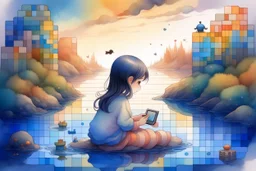 a cute chibi girl is sitting with her back to us, we see her playing tetris on a big screen, in van gogh style in on a misty morning. over a misty pond in the hieght of fall. Watercolour by Alison Brady. Pastel colours S<AI in sunshine, ethereal, otherwordly, cinematic postprocessing