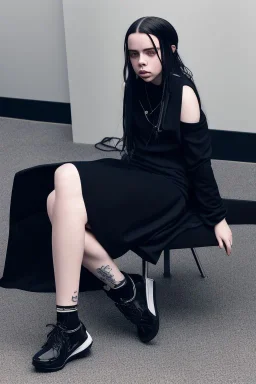 Billie Eilish, sitting on a chair, Black Short Dress, pale skin, high detail, realistic, 8k