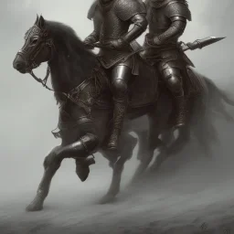 Medieval cavalry. Warriors. Leather armor. Black. Sharp details. Roar. Fast galloping.