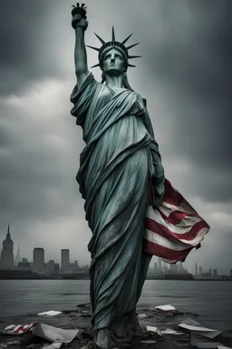the statue of liberty, dress dirty and torn, her face solemn and terse, trash littered at her feet, she holds a crumpled american flag as she walks away, back to the viewer, under a dark and dreary sky