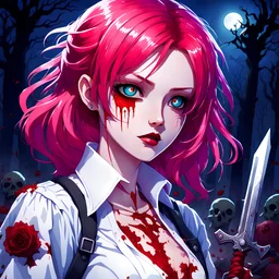 2dcg,anime art style,blue and light pink color,red hair zombie lady,all white eye,night in the graveyard,gore,violence,Decapitation,dismemberment,disturbing,Monster,guts,morbid,mutilation,sacrifice,butchery,meathooks,no hands,do not draw hands