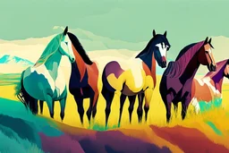 illustration horses of different colors in a field from afar
