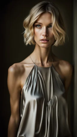 photography of a beautiful anorexic woman, silver satin top, sports illustrated, blond short wavy bob haircut, pronounced sternum