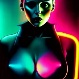 portrait oil on canvas, beautiful punk busty female Cyborg, looking to viewer, sad green eyes, post-apocalyptic in a cyberpunk city,minimal skintight suit, blade runner, comic book cover, mystical colors, neon, insanely detailed,realistic,intrincate detail, 16k resolution, masterpiece, Adam hughes