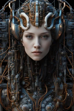 complex 3d render ultra detailed of a beautiful porcelain profile woman android face, cyborg, robotic parts, 150 mm, beautiful studio soft light, rim light, vibrant details, luxurious cyberpunk, lace, hyperrealistic, anatomical, facial muscles, cable electric wires, microchip, elegant, beautiful background, octane render, H. R. Giger style, 8k, best quality, masterpiece, illustration, an extremely delicate and beautiful, extremely detailed ,CG ,unity ,wallpaper, (realistic, photo-realistic:1.37)