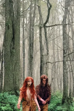 Deux personnes marchent dans magnifique forêt fantaisie décor mystique, Jeune homme grand musclé cheveux très longs bruns bouclés en queue de cheval, habillé en bûcheron, jeune femme petite fine magnifique cheveux longs roux, couleurs vibrantes, hyper réaliste