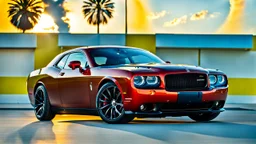A sleek (((a fusion of dodge challenger and rolls royce))), its glossy shell reflecting the (((bright sun))), cutting through a (((clear bright blue morning sky)))